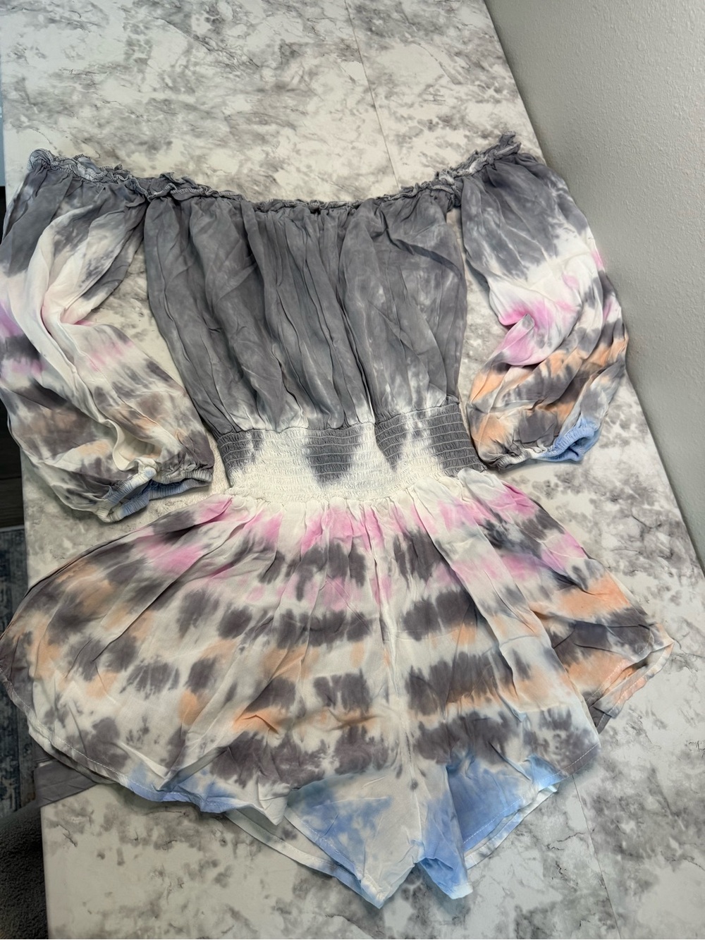 Surf Gypsy Women's Off-Shoulder Tie-Dye Tunic - Gray, Pink & Blue & Orange